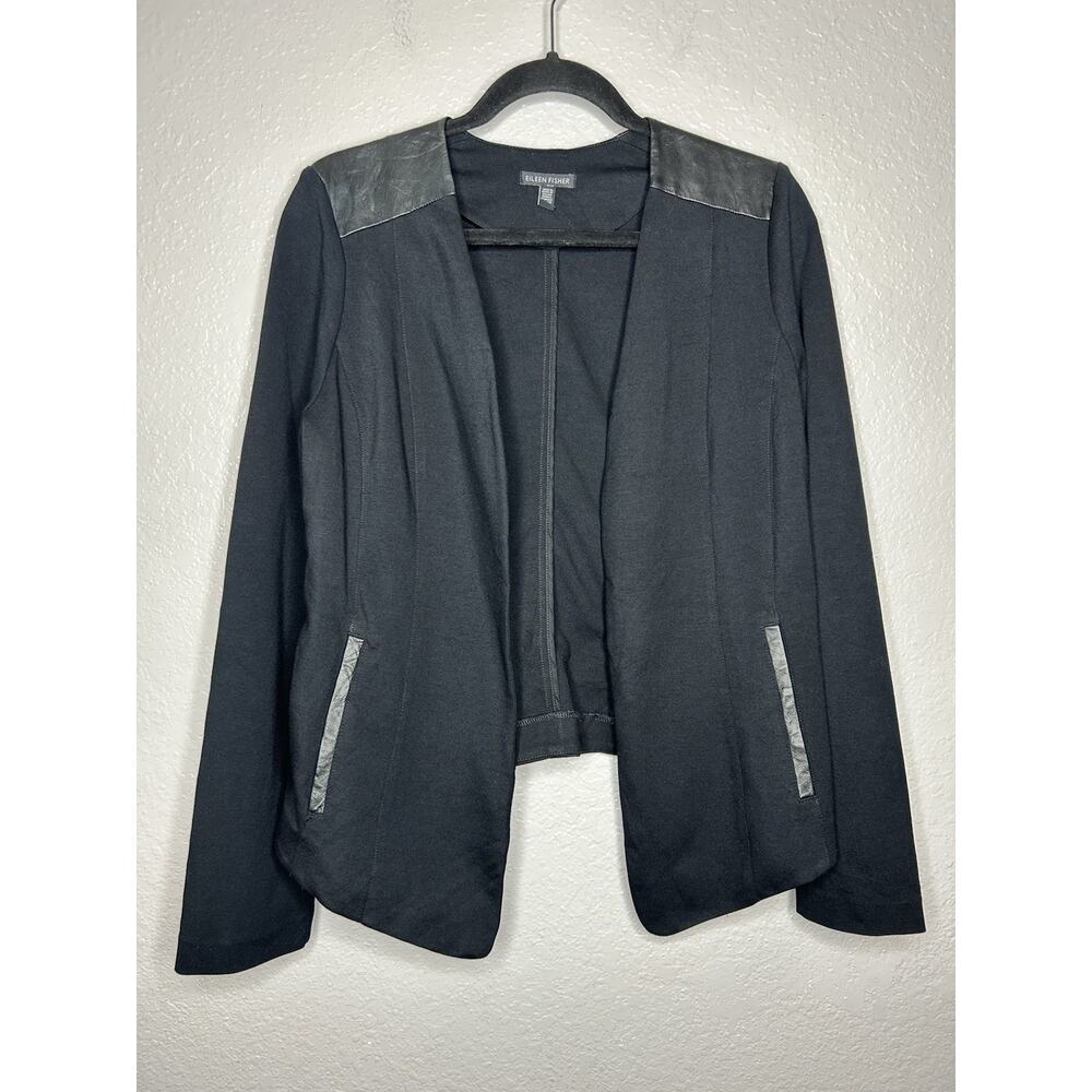 Eileen Fisher Black Open-Front Blazer with Leather Trim